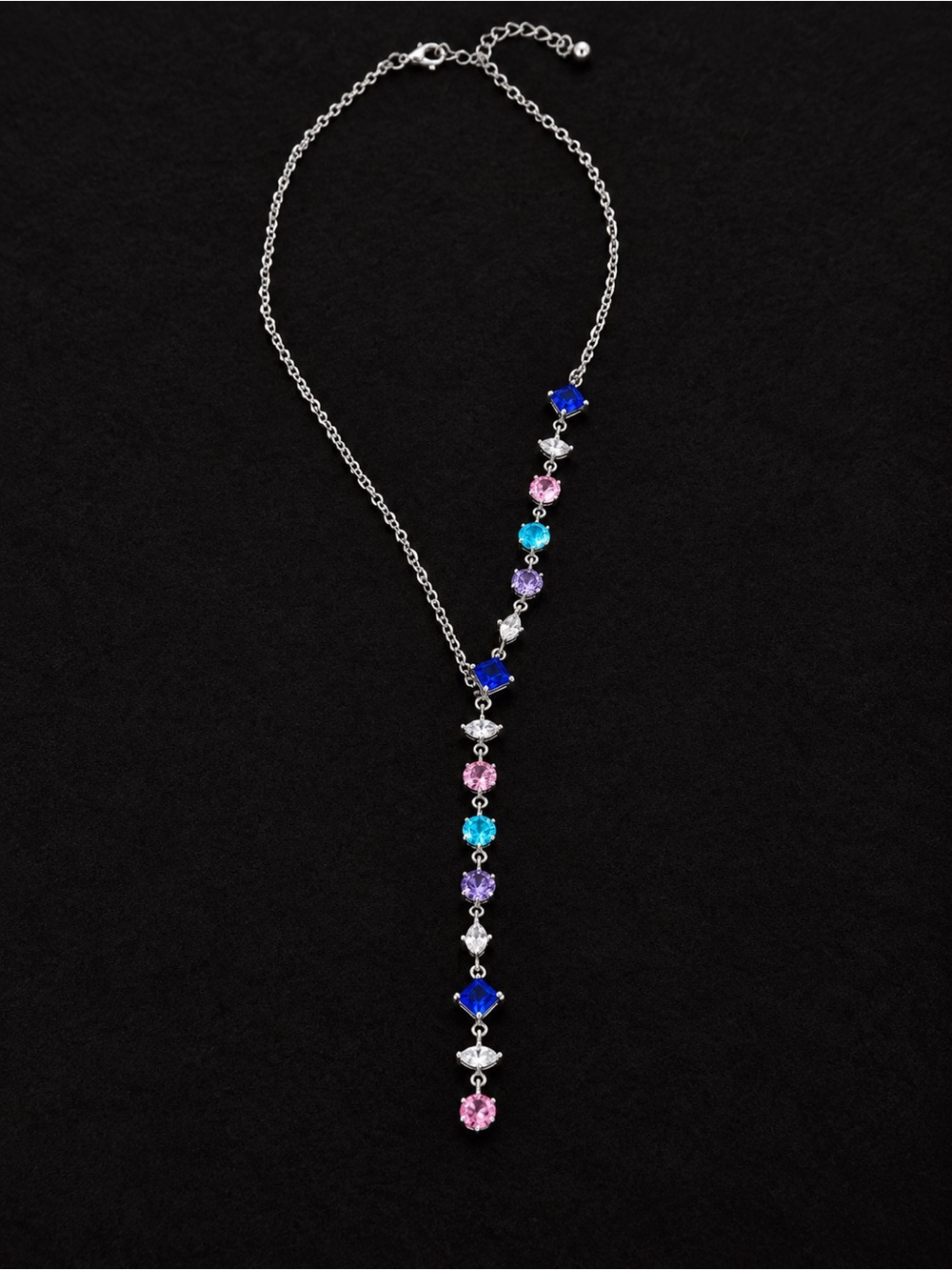 Multicolor Rhinestone Y-Drop Necklace – Silver Tone 16-18” with 3” drop